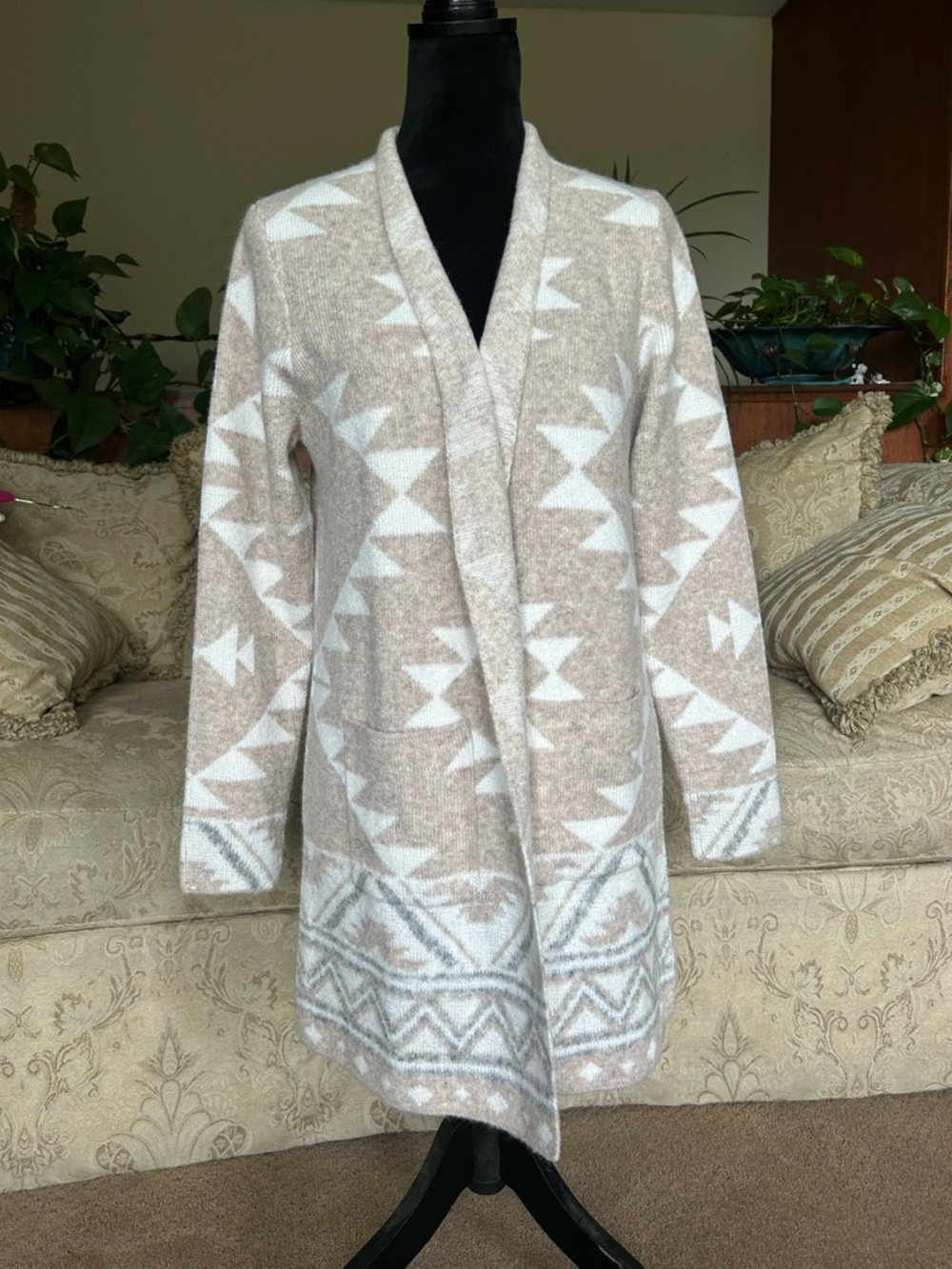 Frye Beige and White Aztec Open-Front Women’s Sweater Cardigan